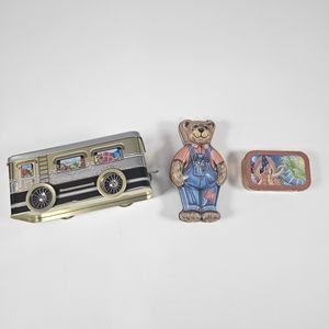 Vintage Collectible Tins Lot Two Silver Crane Co. and Train With Spinning Wheels